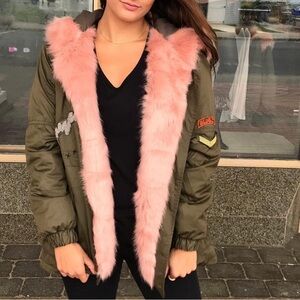Vintage Havana Patch Military Pink Faux Fur Trim Parka